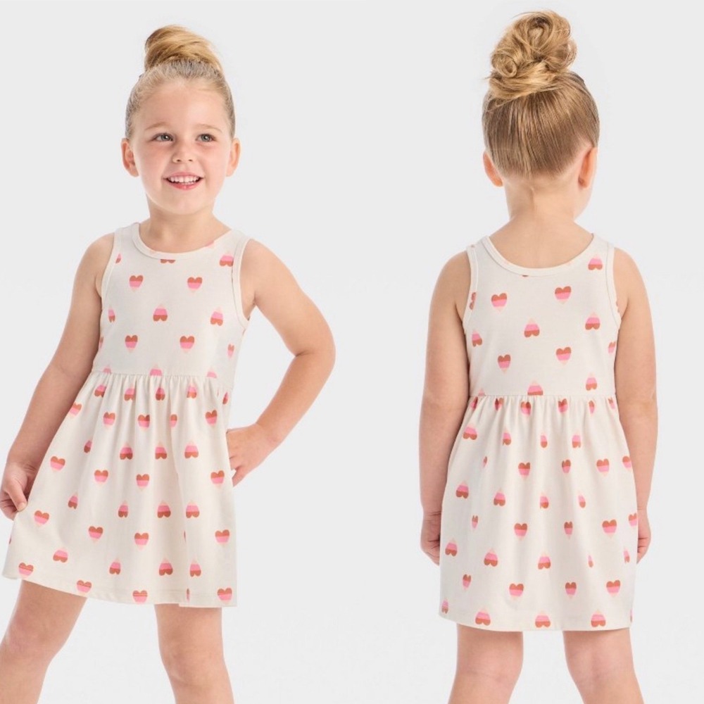 Cat & Jack Girls Cream Pink Red Heart Sleeveless Knit Toddler Dress 4T NWT